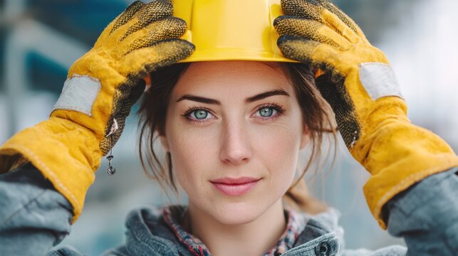A confident woman wearing a hard hat and gloves, ready for work in an industrial environment.