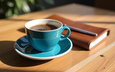 Blue Cup of Coffee and Brown Leather Notebook on Wooden Table in Sunlight. High quality