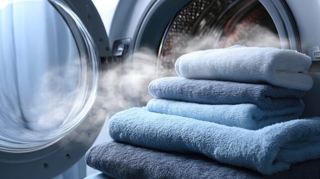 Freshly Laundered Towels Piled Neatly Next to Open Washing Machine Releasing Steam and Warmth