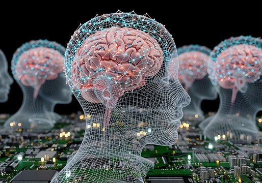 Digital wireframe head with glowing brain above circuit board, conceptual visualization of AI brain computer interface and cognitive neural network