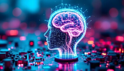 Digital wireframe head with glowing brain above circuit board, conceptual visualization of AI brain computer interface and cognitive neural network
