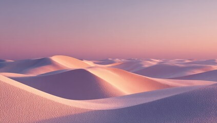 Soft, undulating sand dunes bathed in the warm, pastel hues of sunrise or sunset, creating a serene and minimalist desert landscape