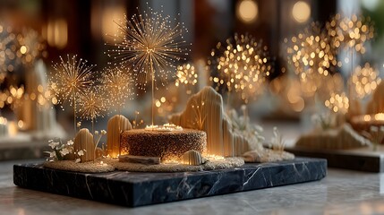 Obraz premium Fireworks burst around ornate marble display for birthday high resolution image