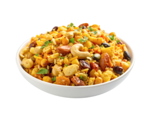 Crunchy grain based snack mix with exotic spices, nuts, dried fruit, and herbs in white bowl, vibrant and appetizing