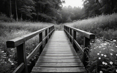 Fototapeta premium A Serene Wooden Bridge Path into a Misty, Monochrome Forest Wilderness