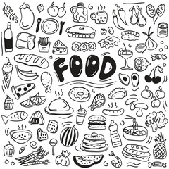 Hand drawn food doodles illustration pattern. Sketch style delivery cafe and restaurant icons. Set vector illustration doodles of food, drink, dessert, beverage for invitations, menus and parties. 