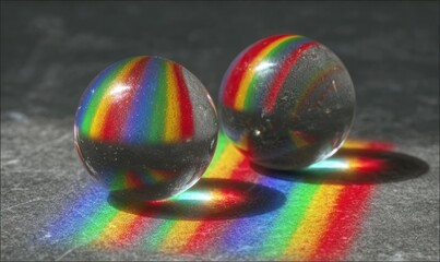 Two colorful glass marbles on a dark surface