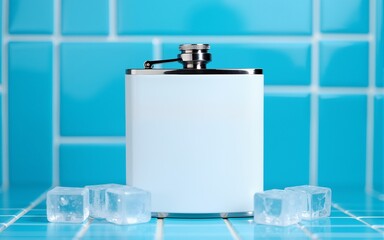 White Tumbler Flask with Ice Cubes on a Blue Tile Background. High quality