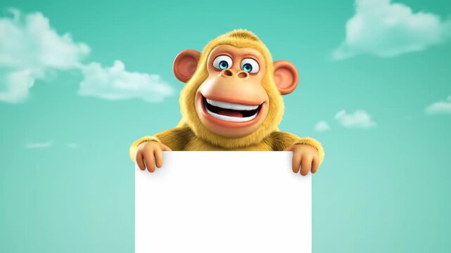 Joyful cartoon monkey peeking over a blank sign in a bright blue sky with fluffy clouds, perfect for announcements