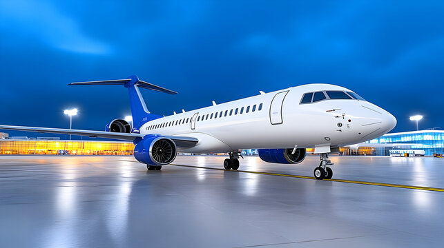 Business private jet airplane parked at terminal. Luxury tourism and business travel transportation concept. Closeup. 3d rendering