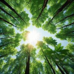 Lush green treetops reach for brilliant sunlight in a vibrant forest