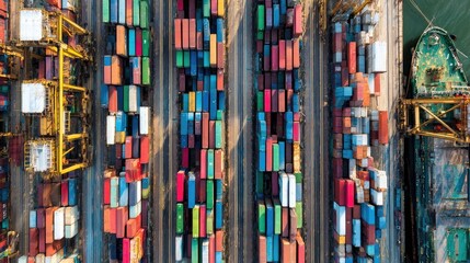 Aerial View of Colorful Shipping Containers in a Logistics Yard near a Busy Port