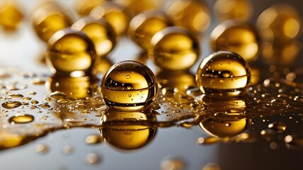 Macro photography of golden liquid droplets on a smooth reflective surface, warm lighting, luxurious aesthetic, no people,Generative Ai
