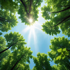 Tranquil sun shining through vibrant green canopy creating peaceful mood