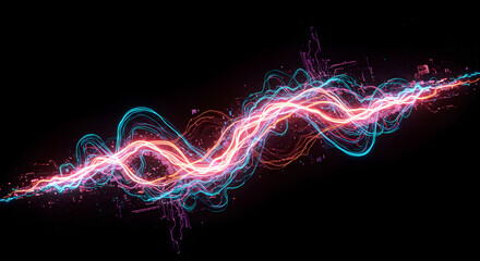 Neon Lightning Bolt: A Stunning Display of Electric Energy and Vibrant Colors Against a Dark Backdrop, Radiating Powerful Light and