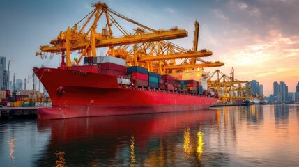 Naklejka premium Large Cargo Ship Docked at Port with Cranes Against Sunset Sky Over Water in a Busy Urban Environment