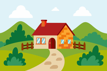 Naklejka premium Vector illustration of a village with a church and houses in a mountain landscape under a summer sky