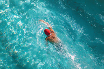 Overhead view of a swimmer in a red cap doing crawl stroke in a clear blue swimming pool.