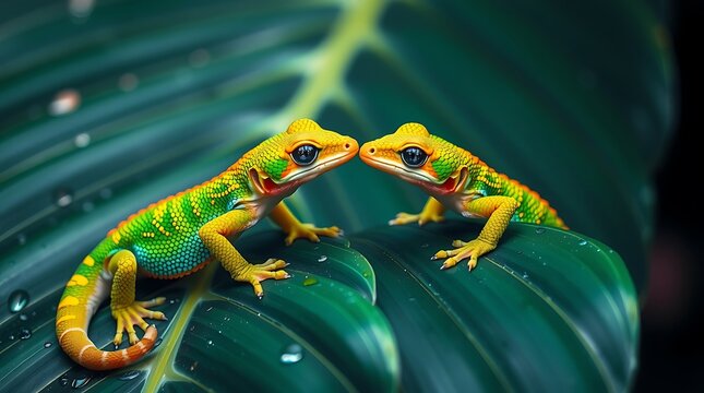 Two cute lizards gecko on leaf tropical reptile animal wildlife nature green vibrant colorful exotic pet fauna world lizard day