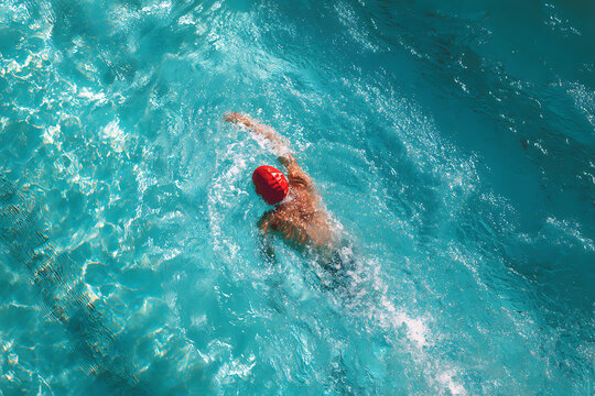 Overhead view of a swimmer in a red cap doing crawl stroke in a clear blue swimming pool.