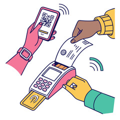 Diverse hands cashless payment transaction contactless payment