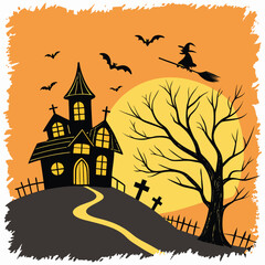 Halloween haunted house with witch flying past full moon and bare tree broom