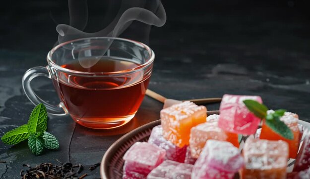 Bowl with various pieces of turkish delight lokum and black tea with mint on a dark background