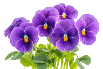 Obraz premium Vibrant purple pansy flowers with green leaves displayed beautifully isolated on transparent background
