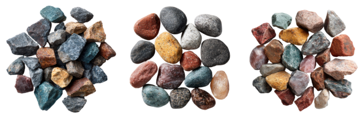 Colorful and varied collection of small stones arranged in three distinct piles, showcasing range of textures and hues. These natural stones can be used for decoration, landscaping, or crafting