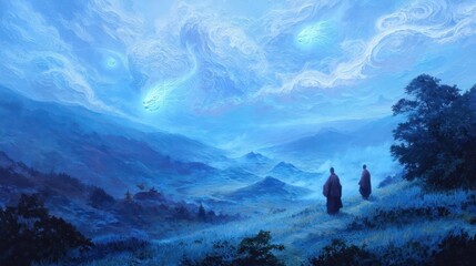 Ethereal Landscape with Wandering Monk and Mystical Spirits