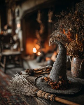 Witch's Hat and Broom by the Fireplace