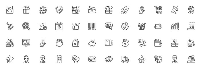 Sales icon set. Business vector collection. Includes symbols for email, gift, discount, shopping cart, delivery, money, rocket, barcode, and more. Editable stroke.