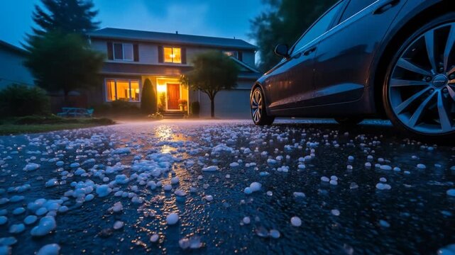 Hail storm house aftermath with car in driveway. 4K Video