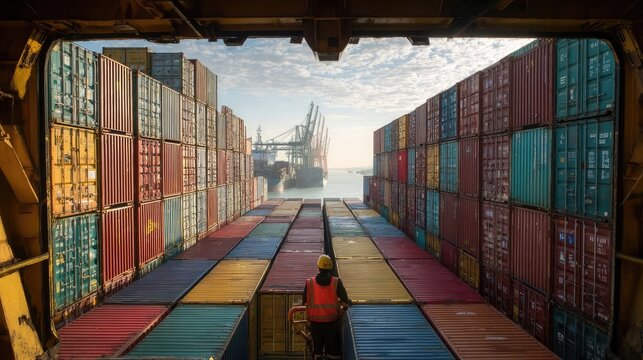 Container Ship View from Inside with Worker Overseeing Cargo Loading in Port at Sunrise