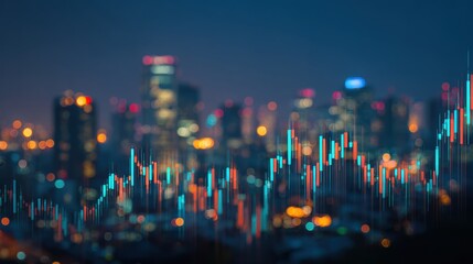 Abstract cityscape with stock market trend graph overlay, illustrating financial growth in urban settings at night.