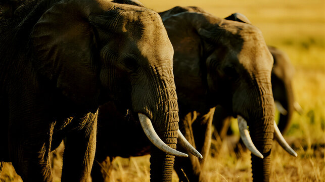 Majestic African elephants roam freely in the savanna sunlight - Powered by Adobe