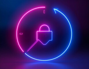 Neon lock icon in circle, time-based security
