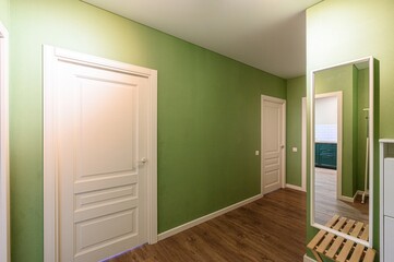 interior shot of a hallway with olive-green walls, white doors, and wood flooring. A large mirror reflects a glimpse of a kitchen