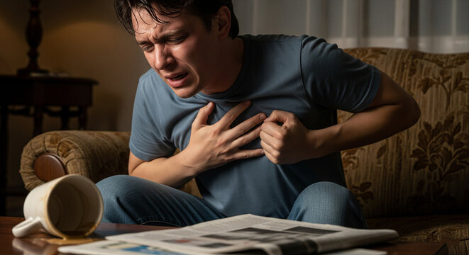 A young man clutches his chest in pain, showing signs of a possible heart attack or severe chest discomfort while sitting indoors