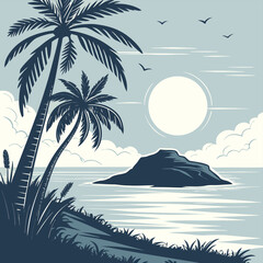 Stylized vector illustration of a tranquil tropical island scene with palm trees and a bright sun ocean