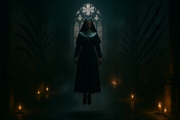 An eerie and cinematic image of a nun levitating in a dark, gothic church hallway with candles and a stained-glass window