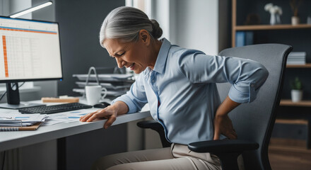 An elderly woman experiences severe back pain, possibly due to poor posture or prolonged sitting while working on a computer