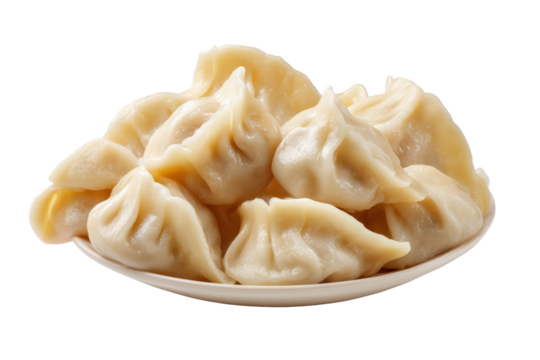 Pile of steamed dumplings on a white plate isolated on a transparent background food cooked