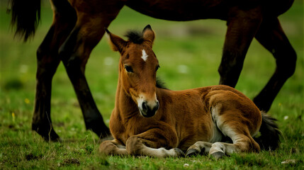 Fototapeta premium Young Brown Horse Lies Down in Green Meadow Under Its Mother