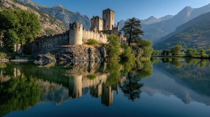 Majestic Fortress Reflected in Calm Lake Surrounded by Mountains