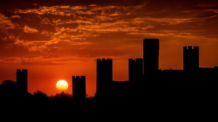 Silhouetted Fortress Against the Majestic Setting Sun at Dusk