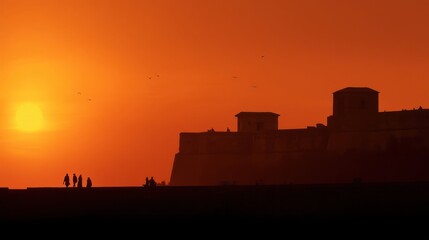 Obraz premium Silhouetted Fortress Against the Vibrant Setting Sun at Dusk