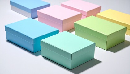 Fototapeta premium Colorful assortment of pastel gift boxes in blue, pink, and green on a white studio background.