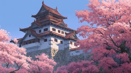 Fototapeta premium Serene Fortress Surrounded by Beautiful Cherry Blossoms in Spring