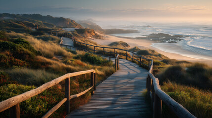 Wooden boardwalk through coastal dunes at sunrise